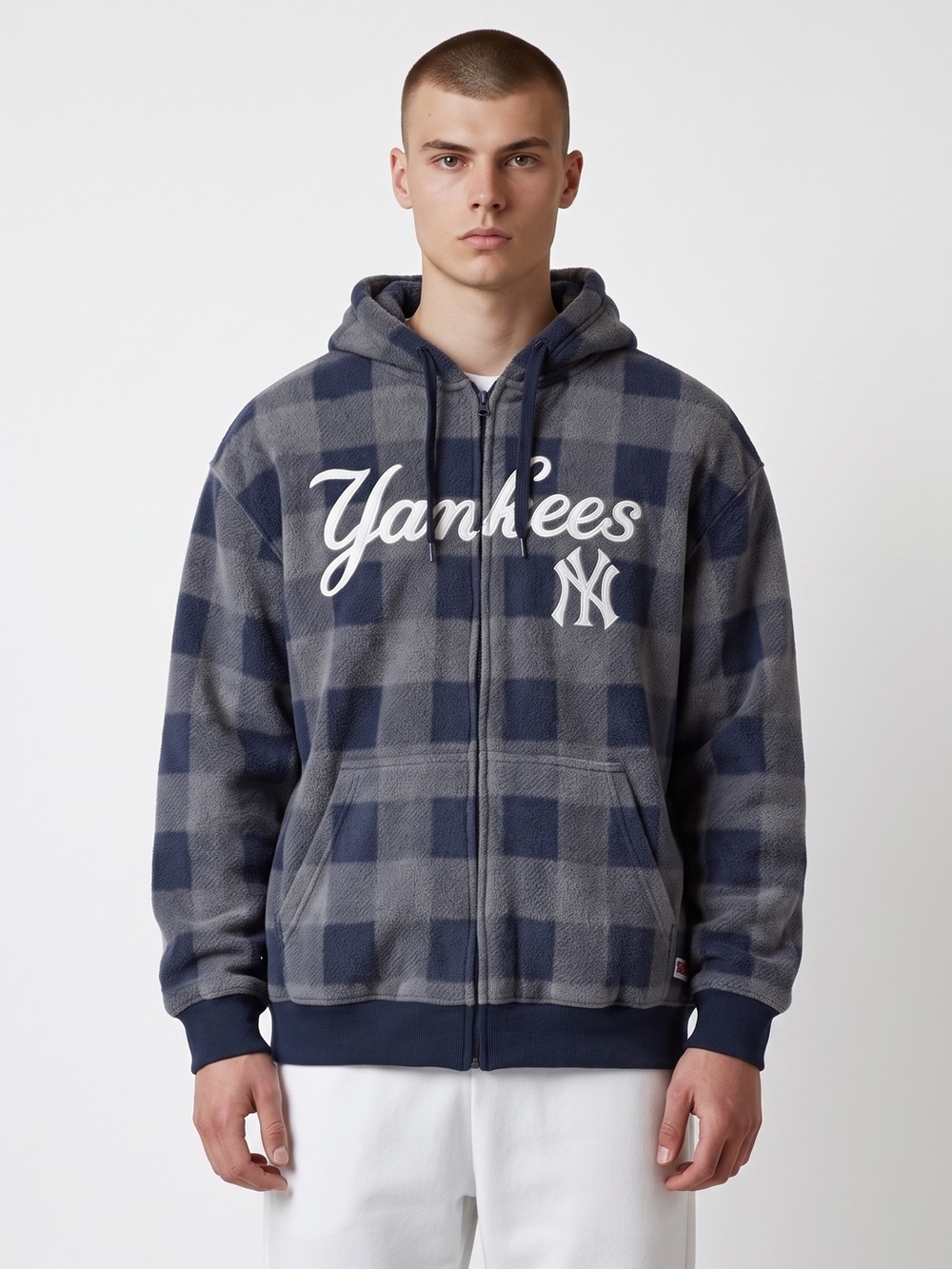 Stitches MLB New York Yankees Buffalo Plaid Full Zip Fleece Sherpa Lined Hoodie